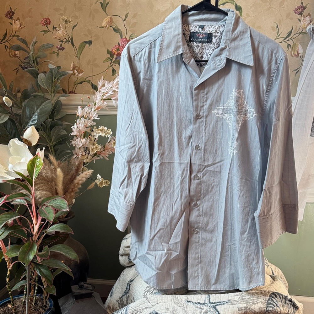 El General Gray Button-Down Shirt with White Embroidered Cross